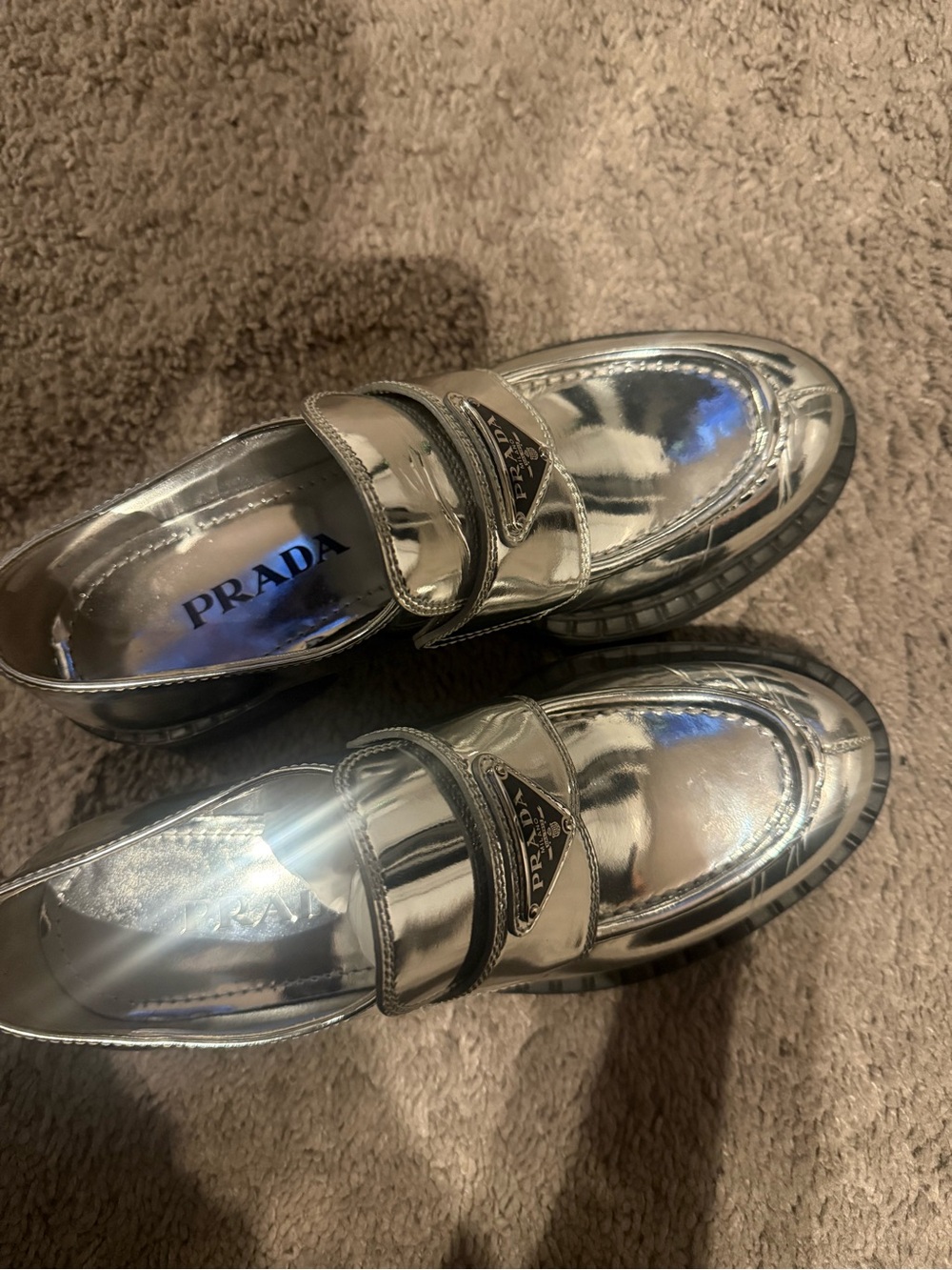 PRADA Silver Mirror Leather Penny Loafers